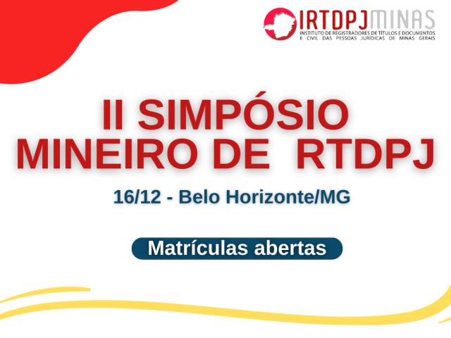 II Simpósio Mineiro de RTDPJ será realizado no dia 16 de dezembro em Belo Horizonte 